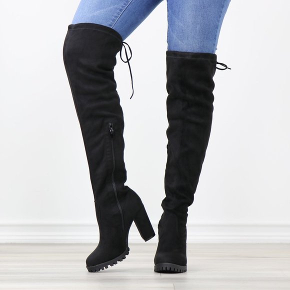 Black Faux Suede Round Toe Thigh High Over The Knee Block Lug High Heel Boots - Picture 12 of 13